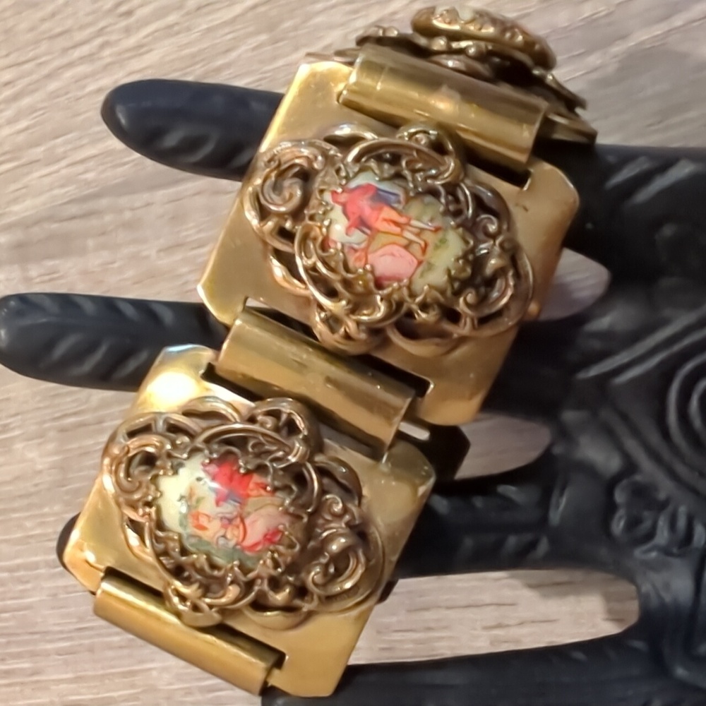 Vintage Karu Fifth Avenue Gold and Porcelain Panel Bracelet RARE